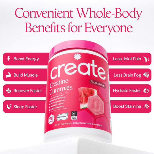 Create Creatine Monohydrate Gummies – Creapure Daily Muscle Building & Recovery Supplement (Watermelon, 90 Gummies)